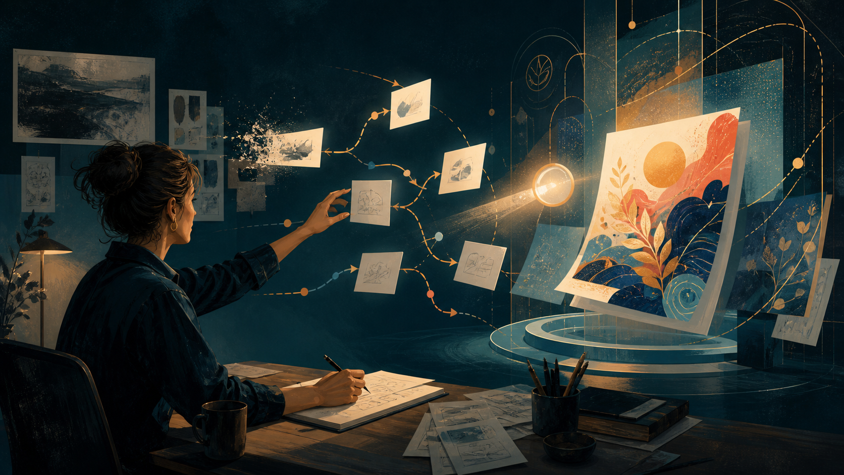 A creative person annotates ideas and guides a luminous generative workspace from a vague first draft toward a distinctive finished artifact.