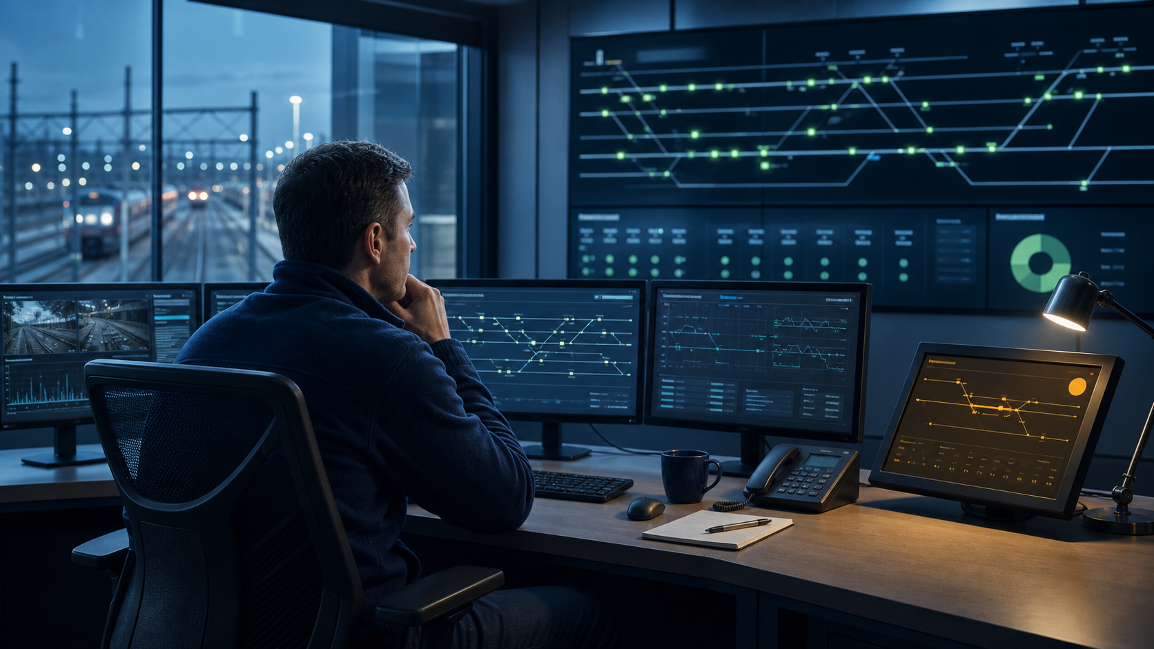 A rail-control operator watches a board full of reassuring green signals while a smaller amber alert waits on a secondary monitor.