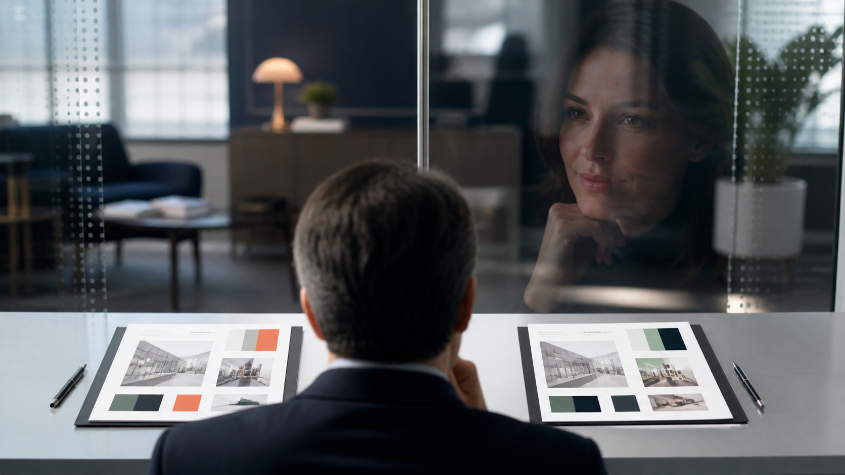 Two identical portfolios sit on a hiring table while a transparent panel makes one candidate's appearance influence the reviewer's judgment.