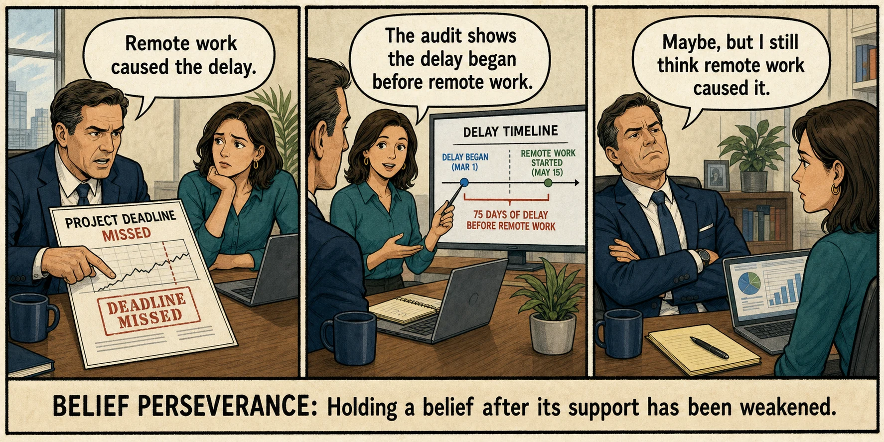 A manager continues blaming remote work after an audit shows the delay began earlier, illustrating belief perseverance.