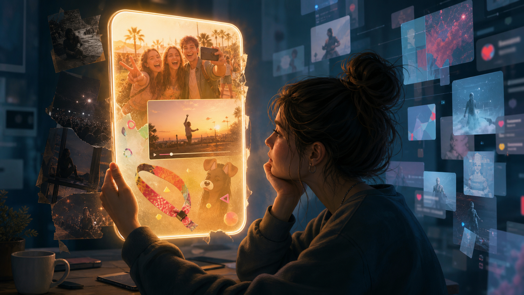 A young adult looks into a warm smartphone-sized portal filled with candid 2016-style social memories while the cooler present is layered with generic algorithm cards and synthetic-looking video fragments.