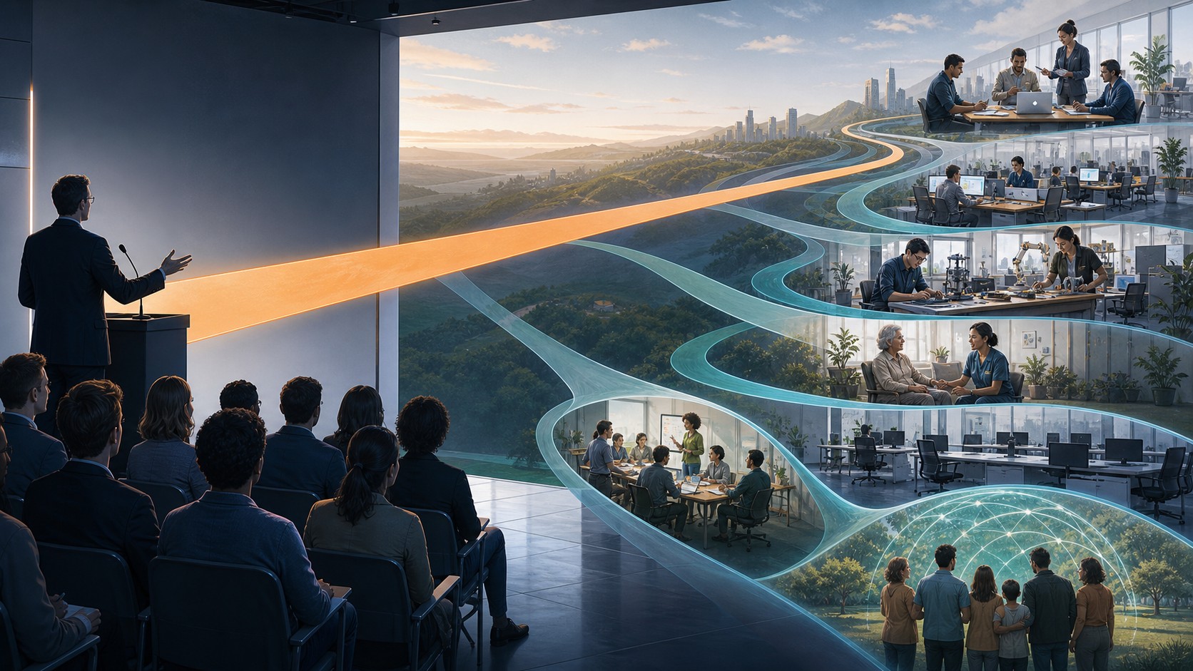 An expert projects one bright path into the future while multiple routes reveal different possibilities for work, technology, care, and social support.