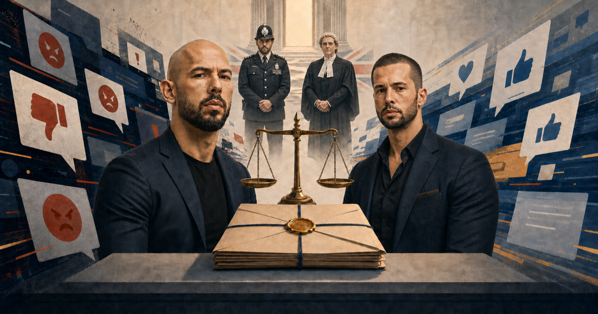 Andrew and Tristan Tate stand before a sealed legal file and balanced scales, with British legal authorities and opposing social-media reactions behind them.