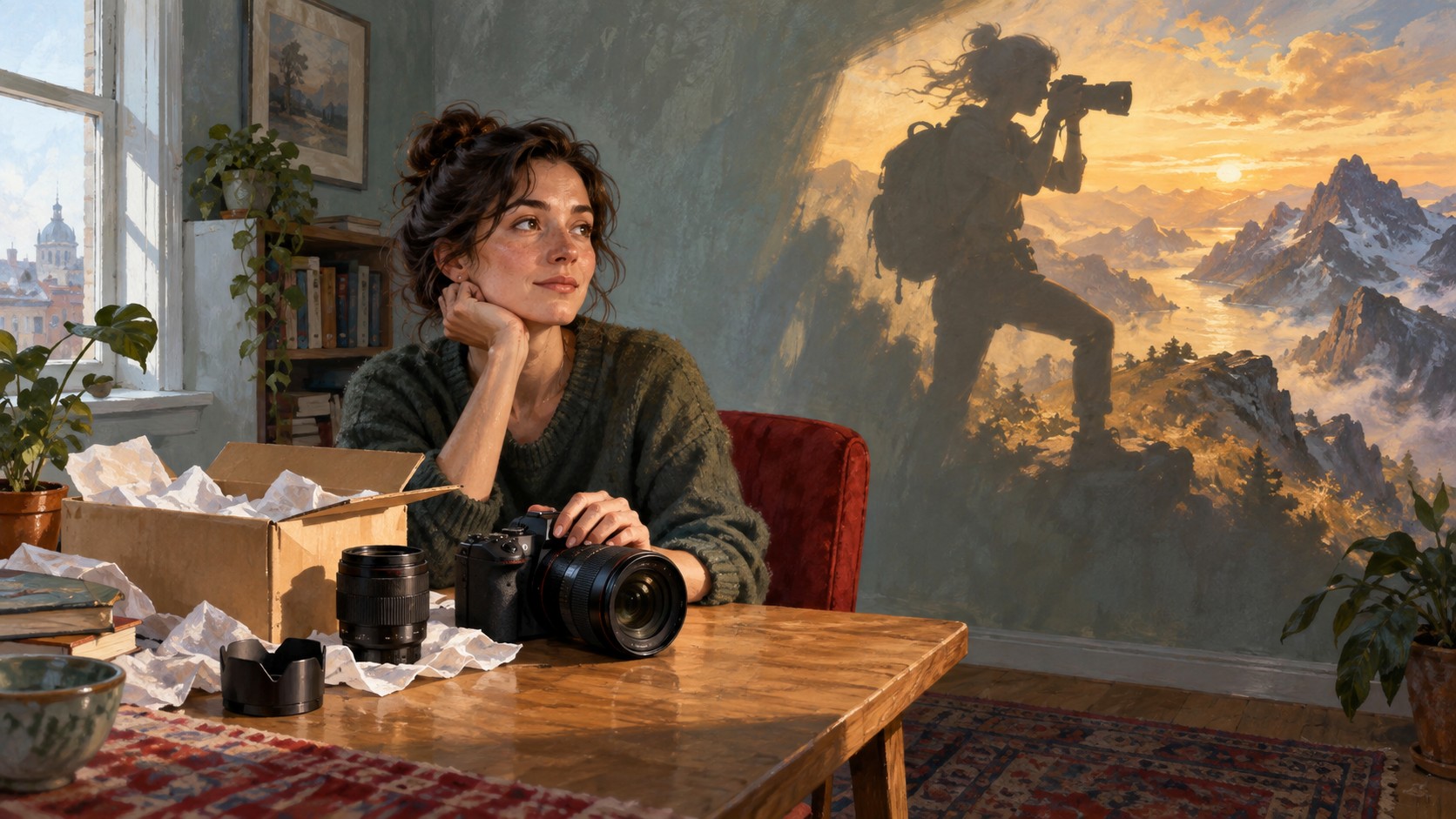 A beginner sits beside a newly unboxed camera while an imagined version of herself photographs a mountain landscape on the wall behind her.
