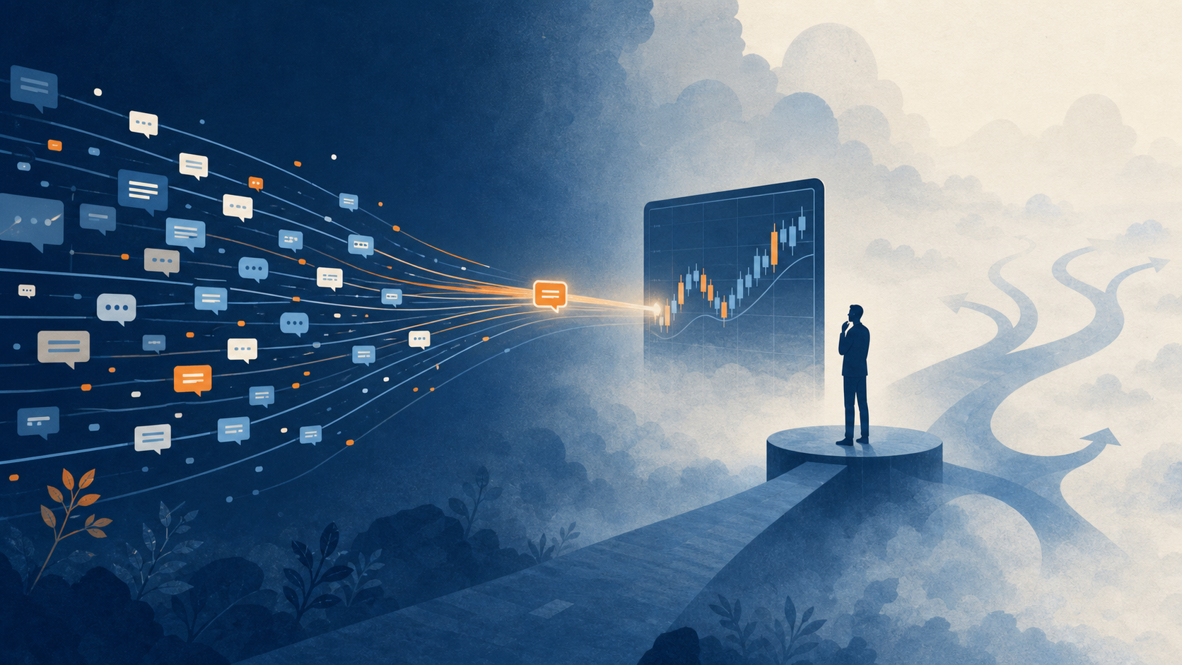 A stream of social signals reaches a market chart while a person faces several foggy decision paths.