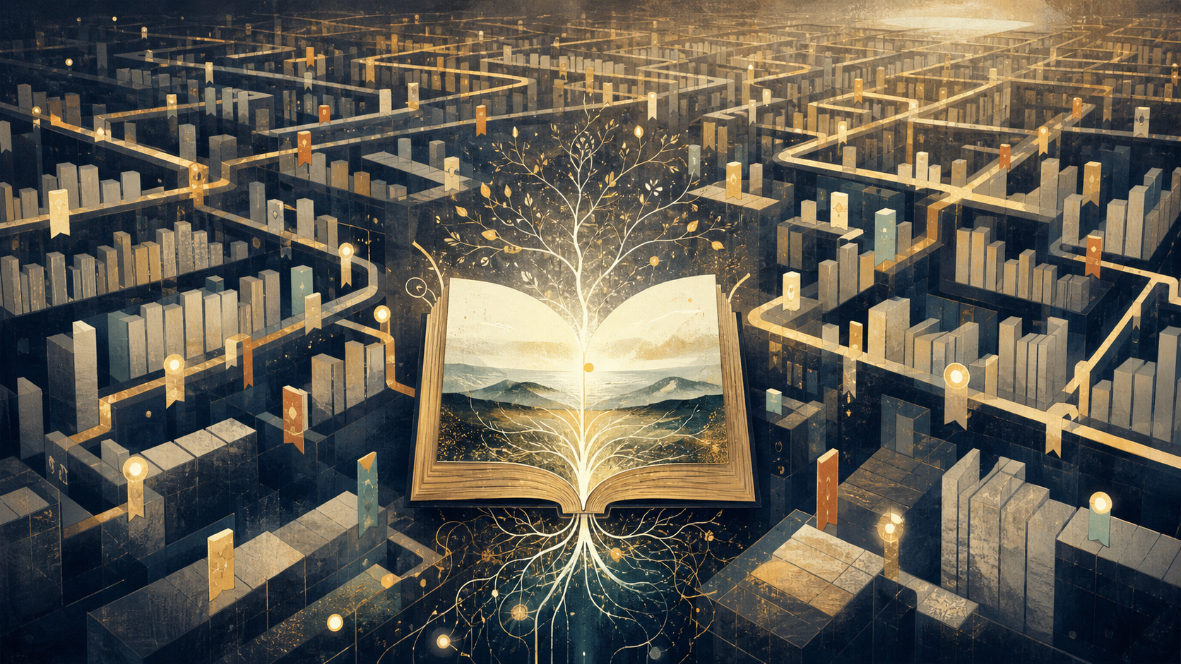 A luminous open book grows roots and a branching tree inside a vast library maze traced with glowing retrieval paths and bookmarks.