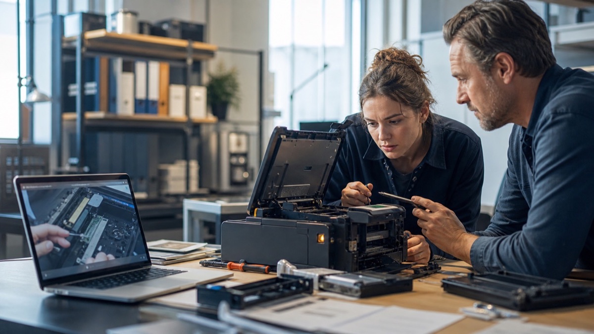 Two coworkers troubleshoot a real office machine beside a laptop playing a how-to video, showing the difference between following an explanation and handling the task in practice.