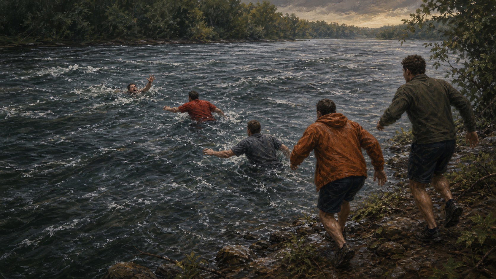 An editorial illustration shows one swimmer struggling in a fast river as two adults enter the current and two more rush toward the water from shore.
