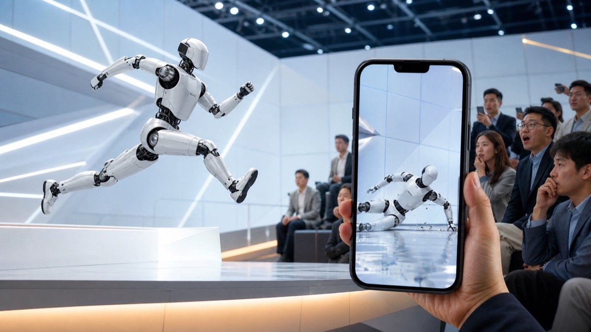 A humanoid robot sprints across a bright robotics conference stage while a phone in the foreground shows a frozen moment of the robot falling and audience members react behind it.