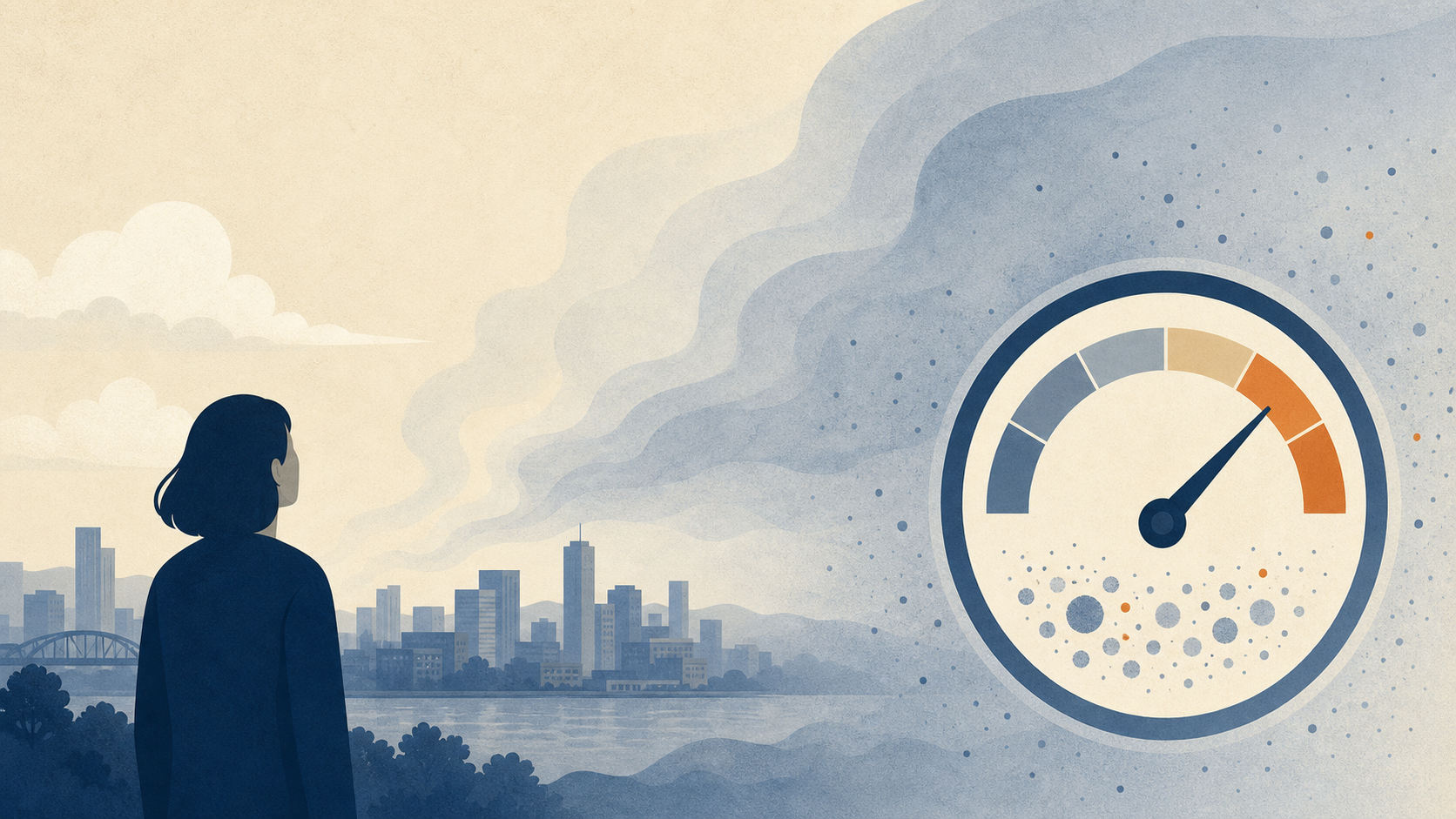 A hazy city skyline beside an air-quality dial with visible particulate dots.