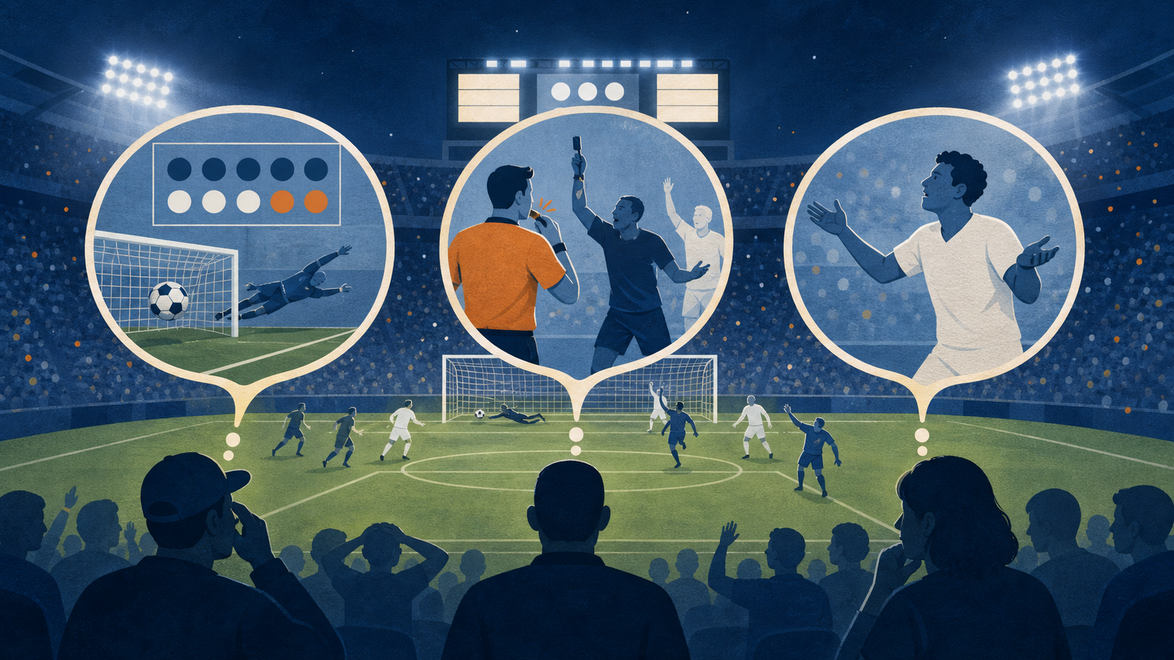 Three fan perspectives focus on a goal, a referee call, and a player's reaction in a soccer stadium.