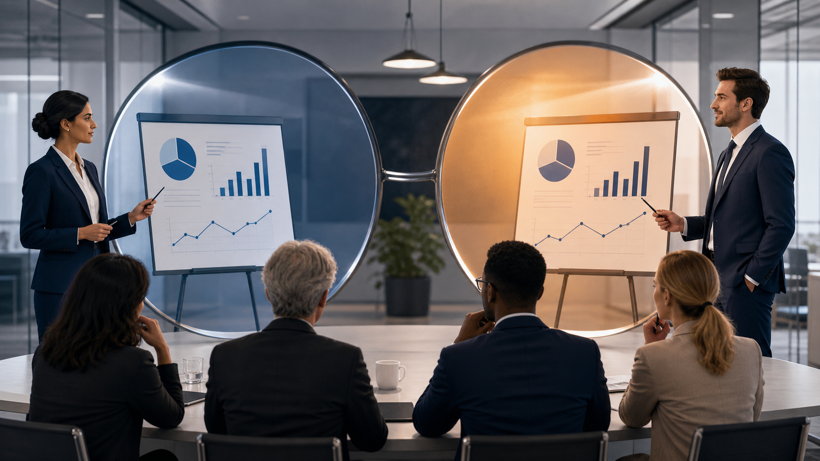A woman and a man give matching workplace presentations while a review panel responds more approvingly to the man and more critically to the woman.