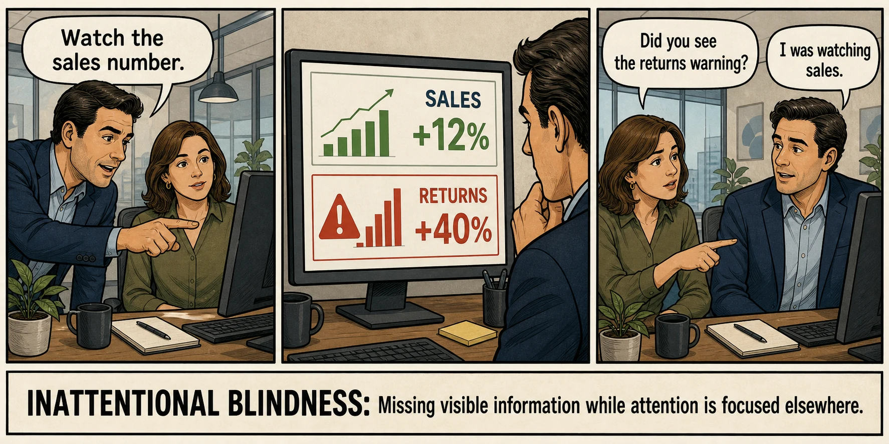 A manager watches a rising sales number while missing a prominent returns warning on the same dashboard, illustrating inattentional blindness.