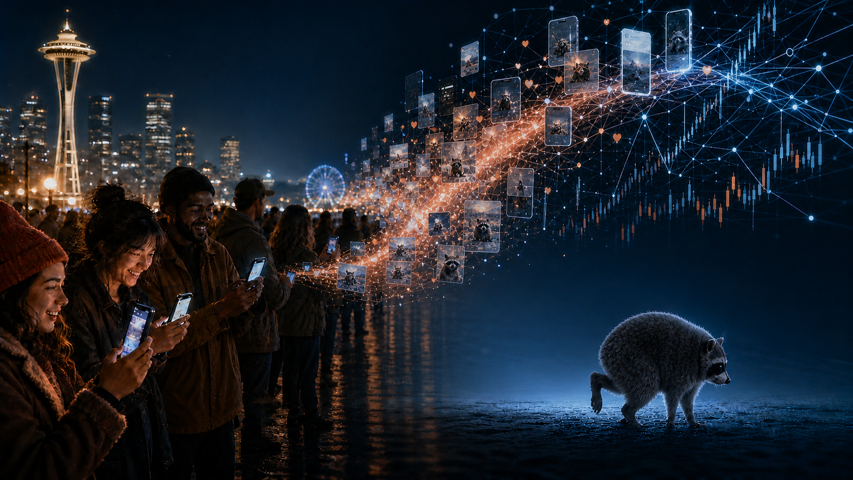 Jimothy, the compact short-spined Seattle raccoon, moves through a Seattle night as warm social attention flows into a cool abstract network of phones and market signals.