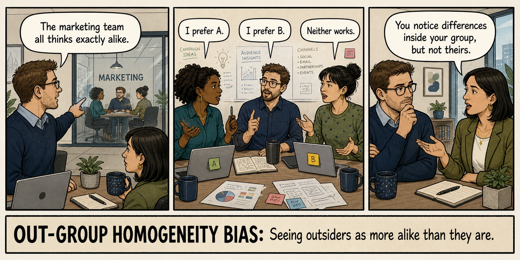An employee claims another department thinks alike while members of that department visibly disagree, illustrating out-group homogeneity bias.