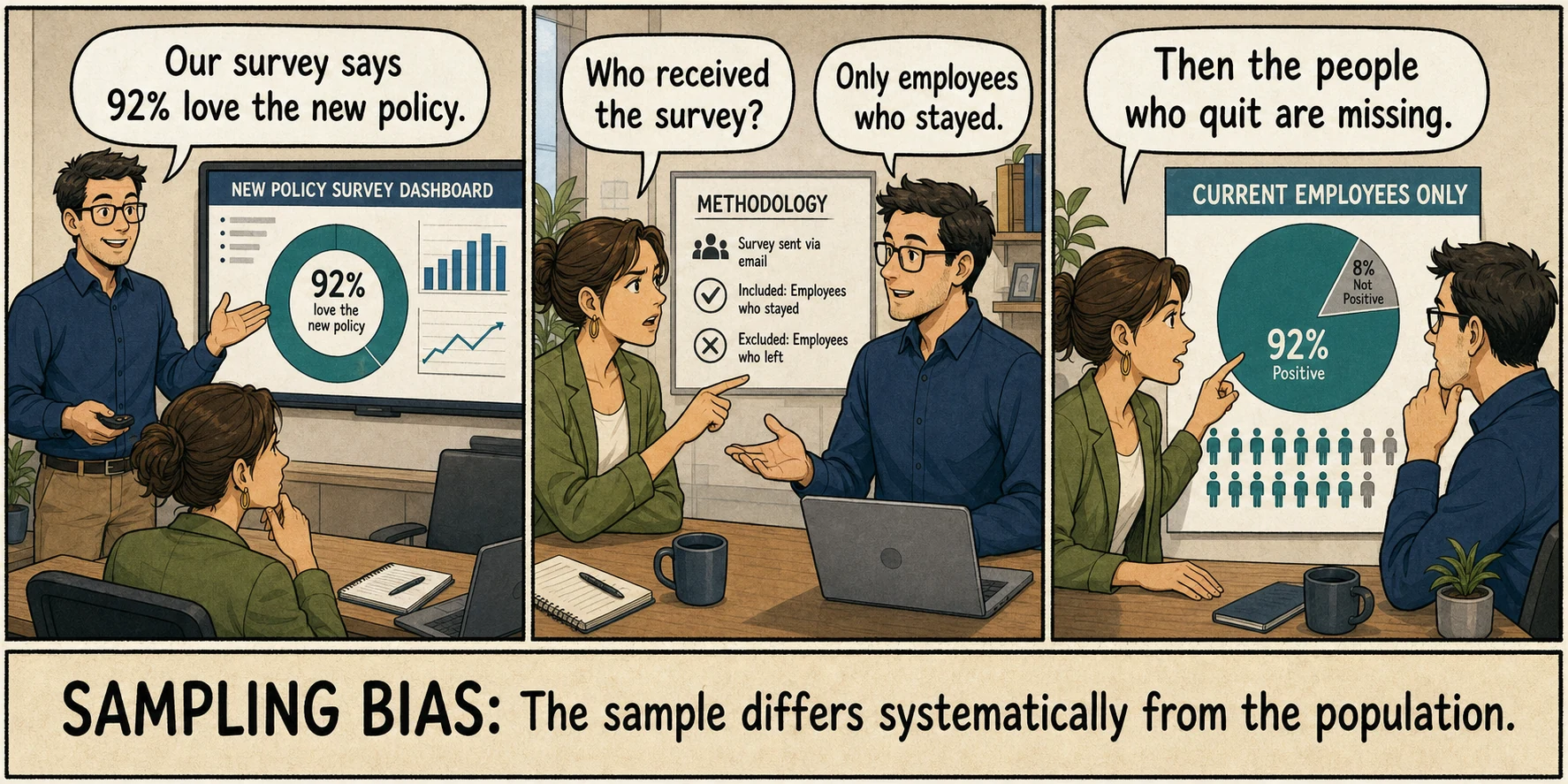 An employee survey reports strong support for a policy, but only employees who stayed were surveyed, illustrating sampling bias.